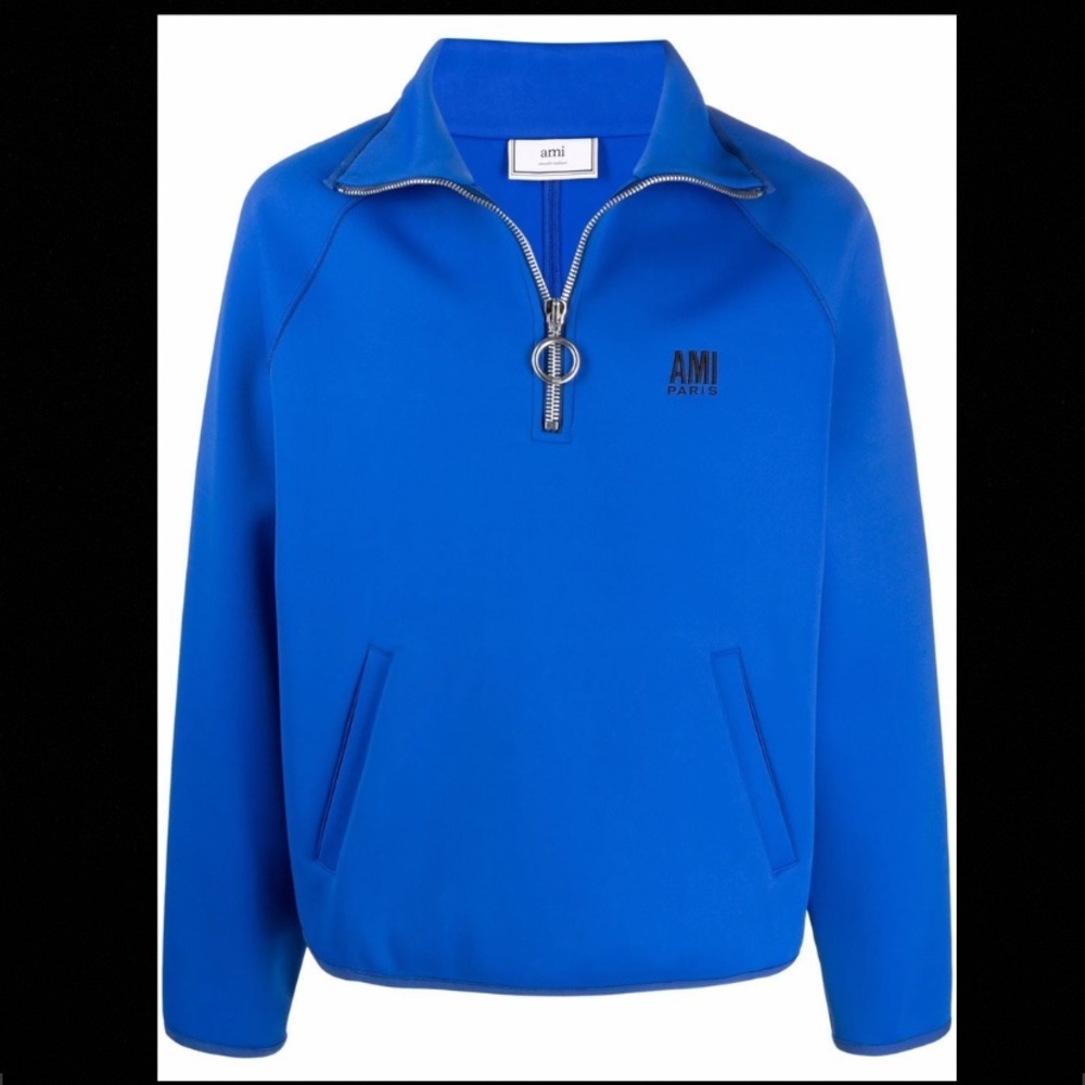 AMI Paris Logo Embroidered Half-Zip Sweatshirt Blue Size Medium